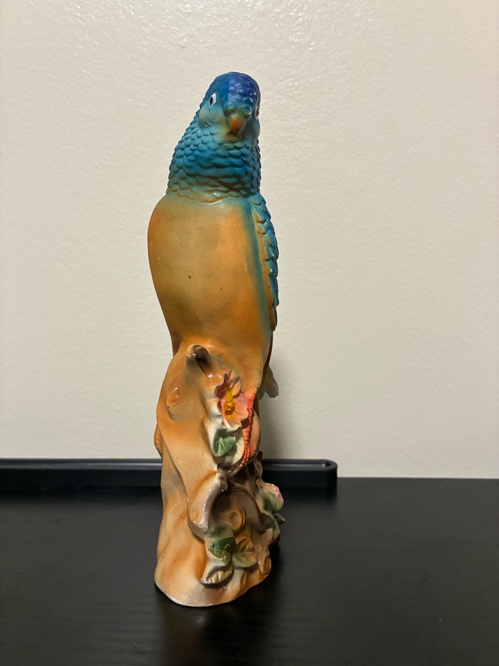 Blue and Orange Ceramic Parrot Figurine - Decorative Bird Statue